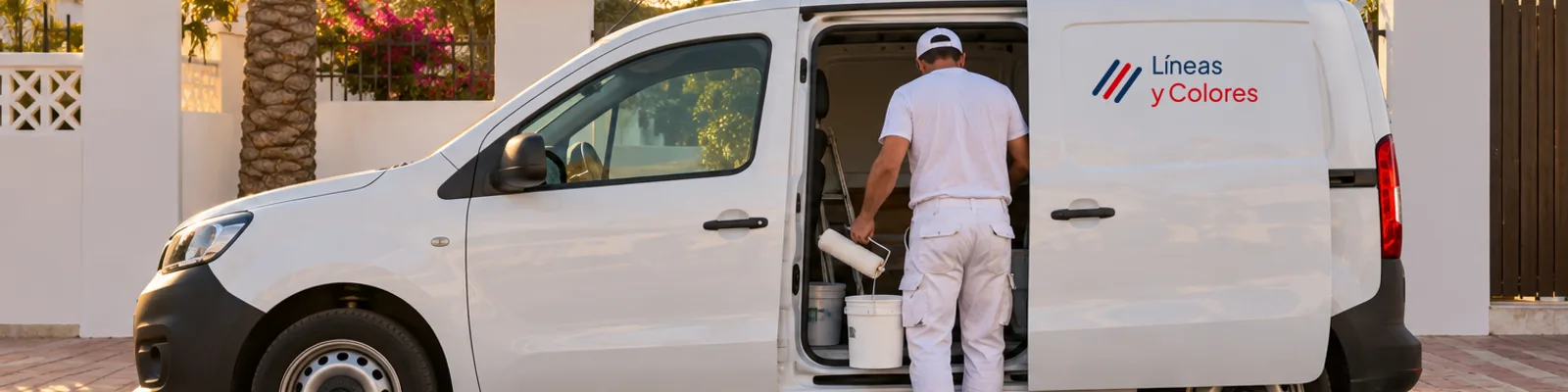 Pintores en Elche: un profesional de espaldas sacando rodillo y cubo de pintura de una furgoneta blanca