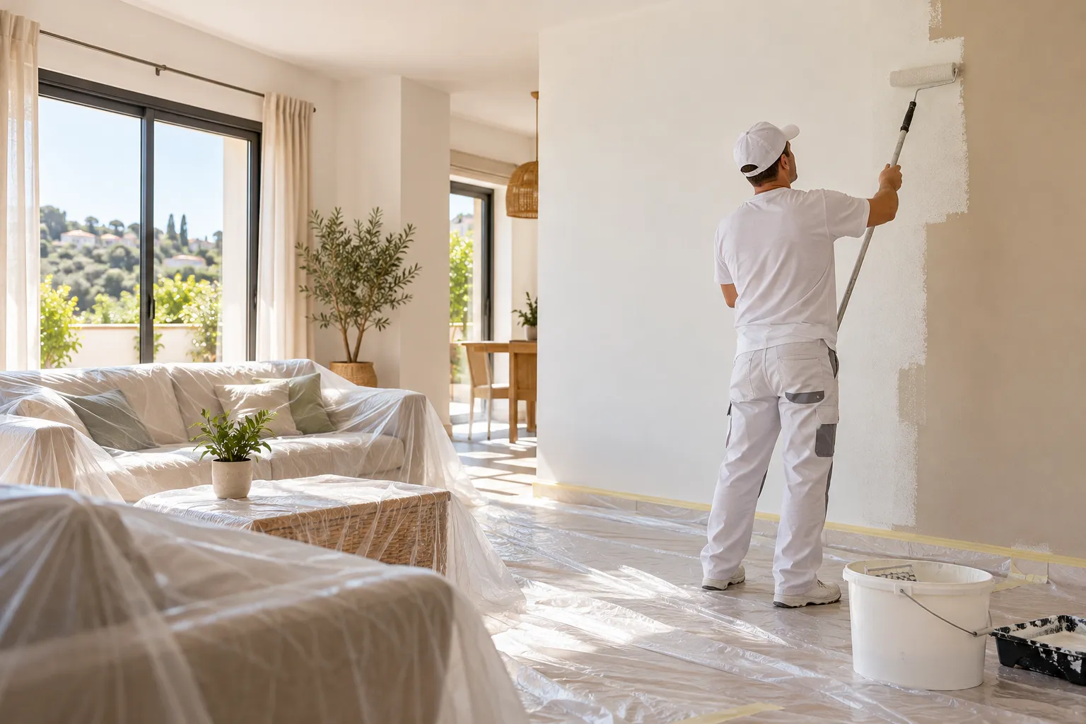 Pintar piso en Elche: un pintor de espaldas pasando el rodillo por la pared de un salón con el suelo protegido