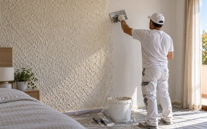 Quitar gotelé en Elche: una pared con gotelé a un lado y superficie ya alisada con llana al otro