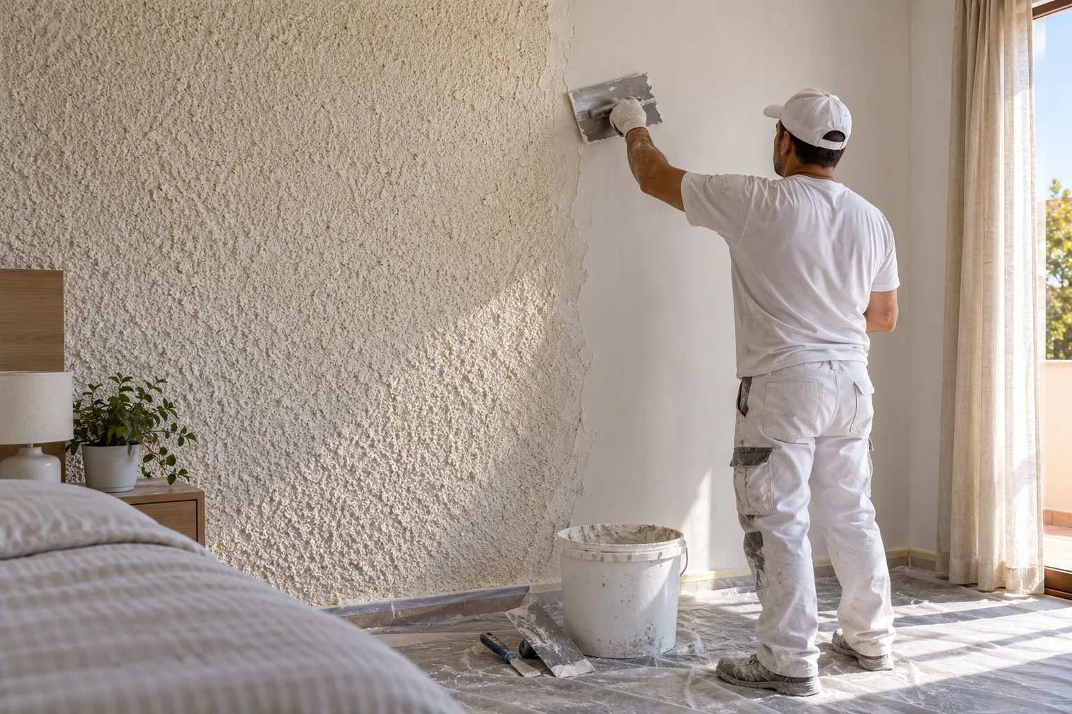 Quitar gotelé en Elche: una pared con gotelé a un lado y superficie ya alisada con llana al otro