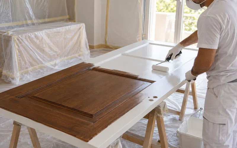 Lacar puertas en Elche: una puerta con molduras sobre caballetes, mitad en madera y mitad lacada en blanco