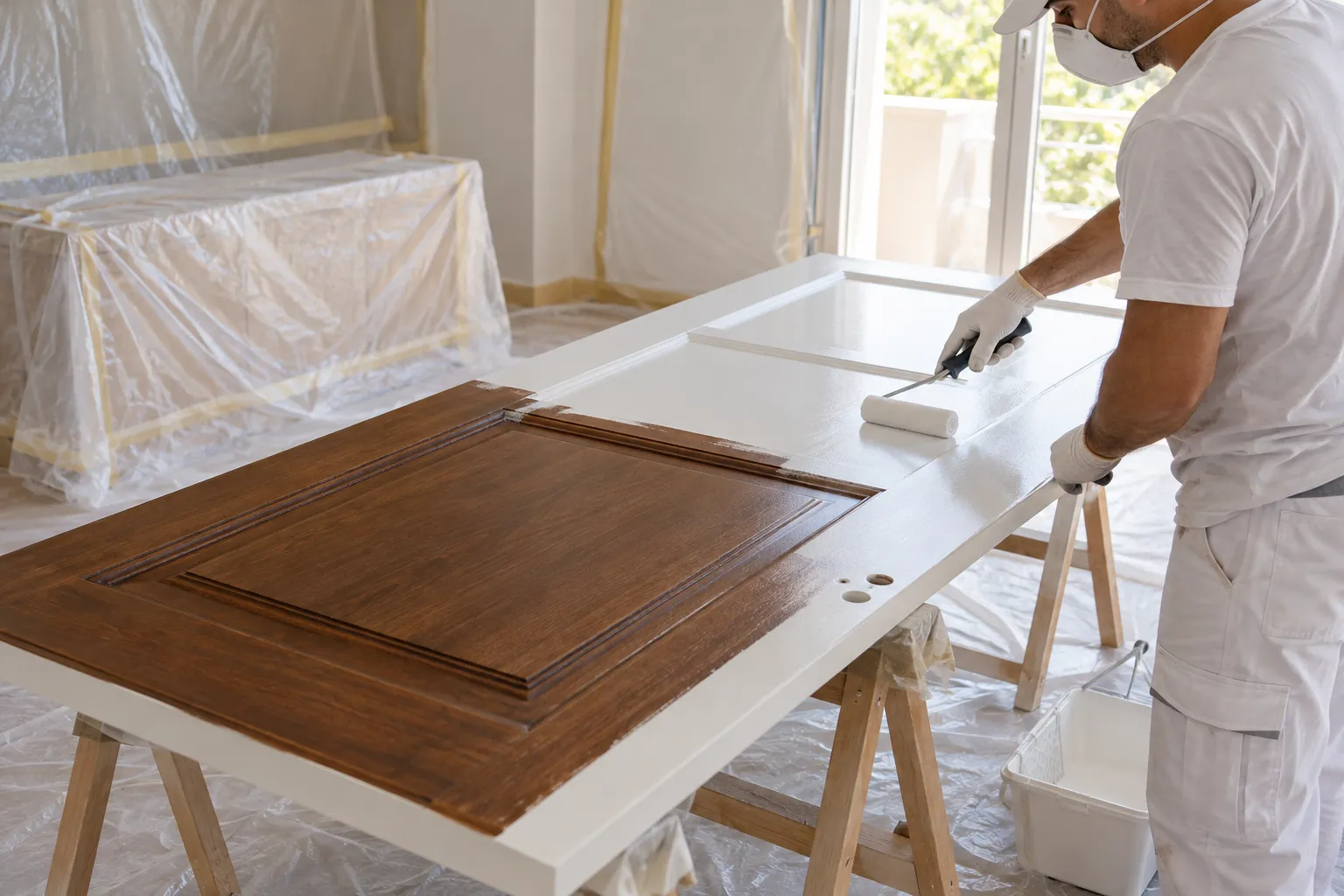 Lacar puertas en Elche: una puerta con molduras sobre caballetes, mitad en madera y mitad lacada en blanco