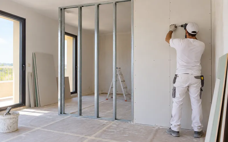 Pladur en Elche: un profesional atornillando placas de yeso laminado a la estructura metálica de un tabique