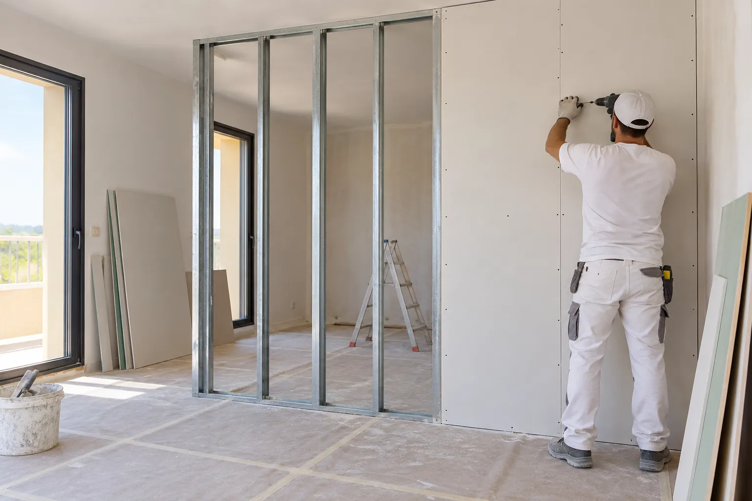Pladur en Elche: un profesional atornillando placas de yeso laminado a la estructura metálica de un tabique