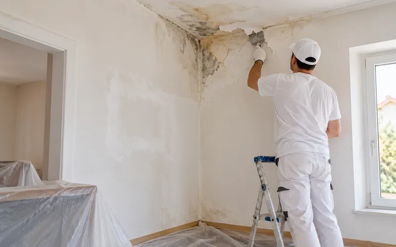 Reparar paredes con humedad en Elche: un profesional rascando pintura desconchada junto a una zona ya enmasillada