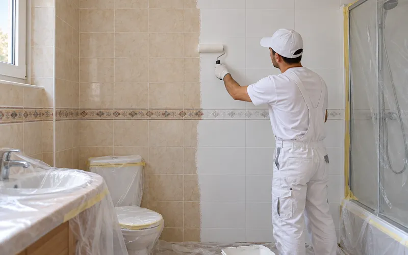 Pintar azulejos en Elche: una pared de baño con la mitad de los azulejos beige ya cubierta en blanco mate
