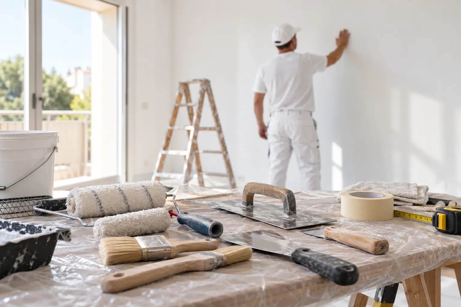 Pintores en Elche: una mesa con rodillos, brochas y llanas preparada para trabajos de pintura de interior