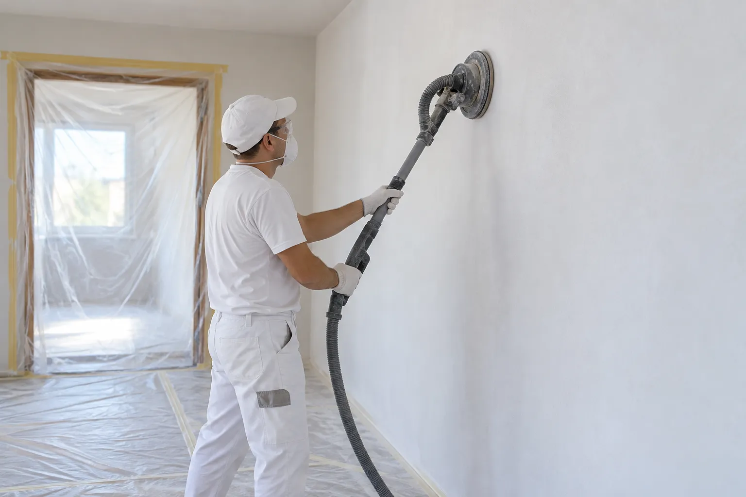 Quitar gotelé en Elche: lijado con pértiga de una pared ya alisada en una habitación protegida con plástico
