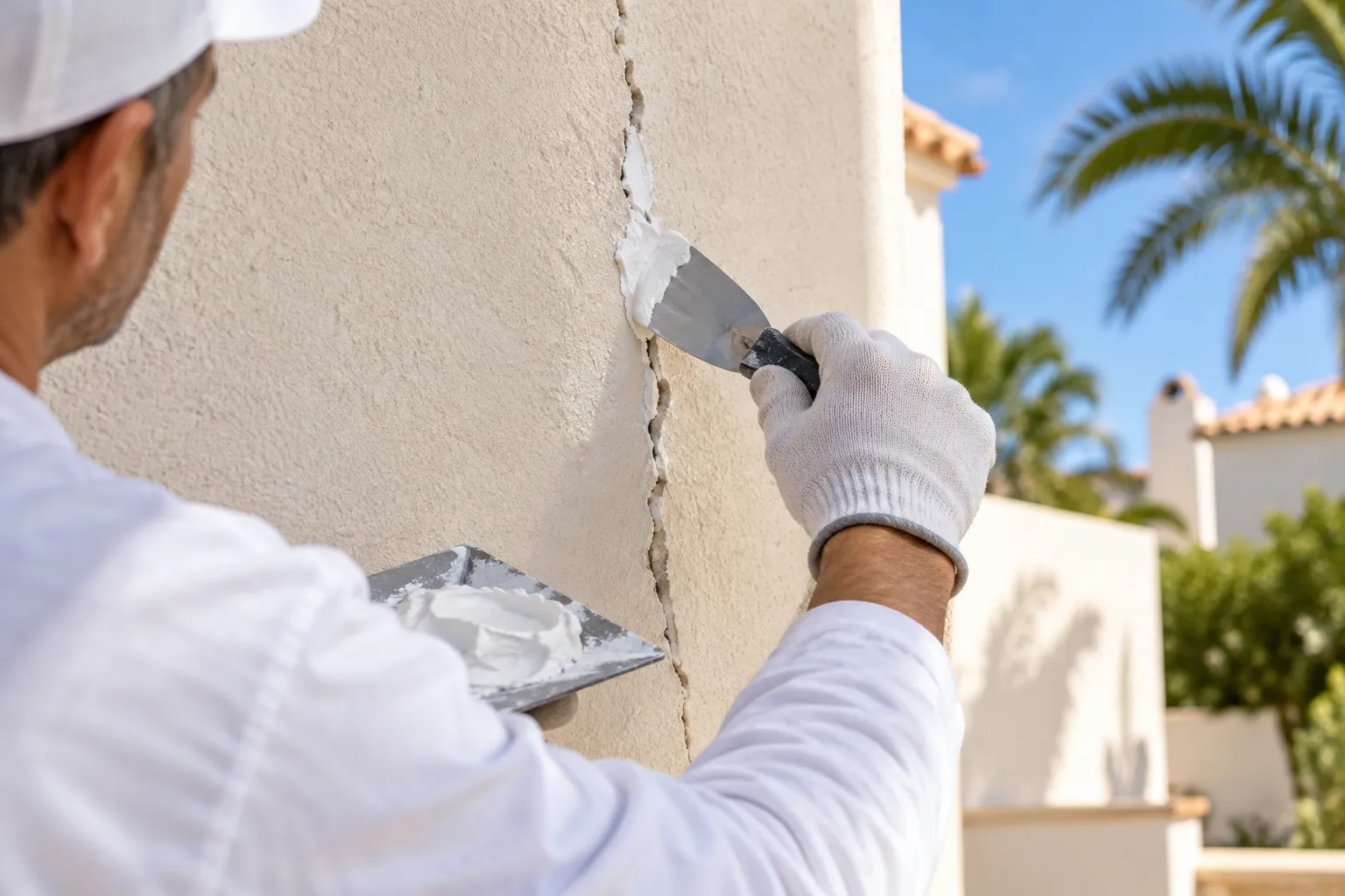 Pintar fachada en Elche: una espátula rellenando una grieta del enfoscado antes de pintar el exterior