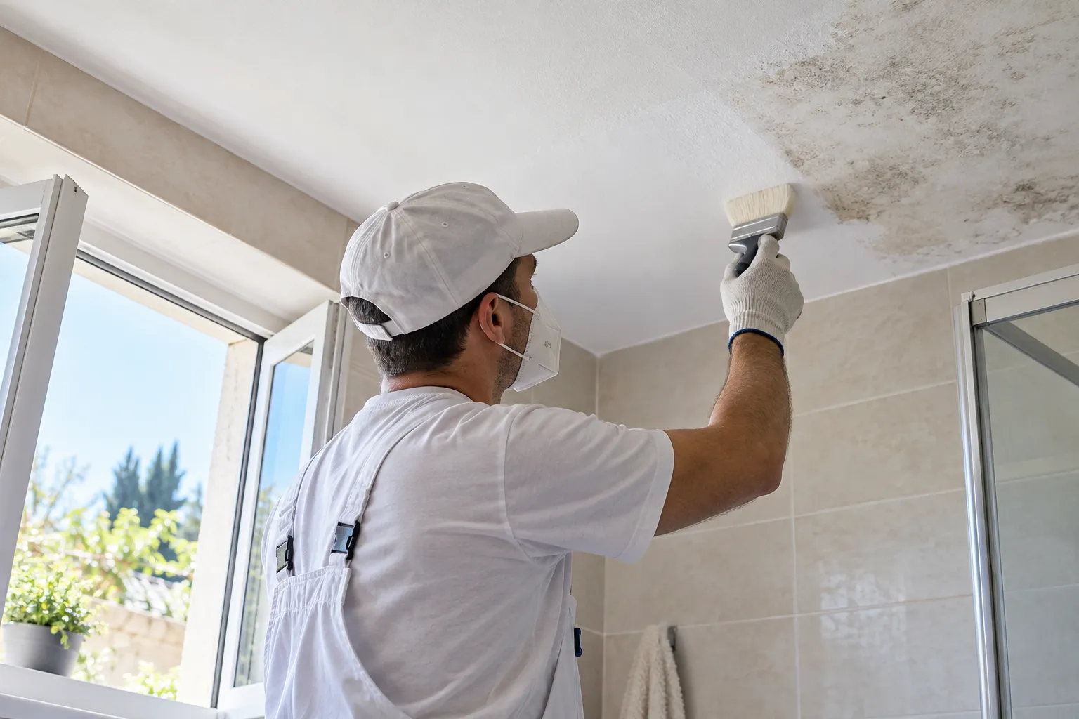 Reparar paredes con humedad en Elche: imprimación selladora en el techo de un baño tras limpiar el moho