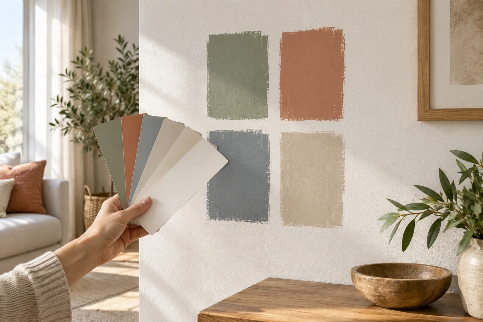 Pintura decorativa en Elche: cuatro muestras de color pintadas en la pared junto a un abanico de tonos
