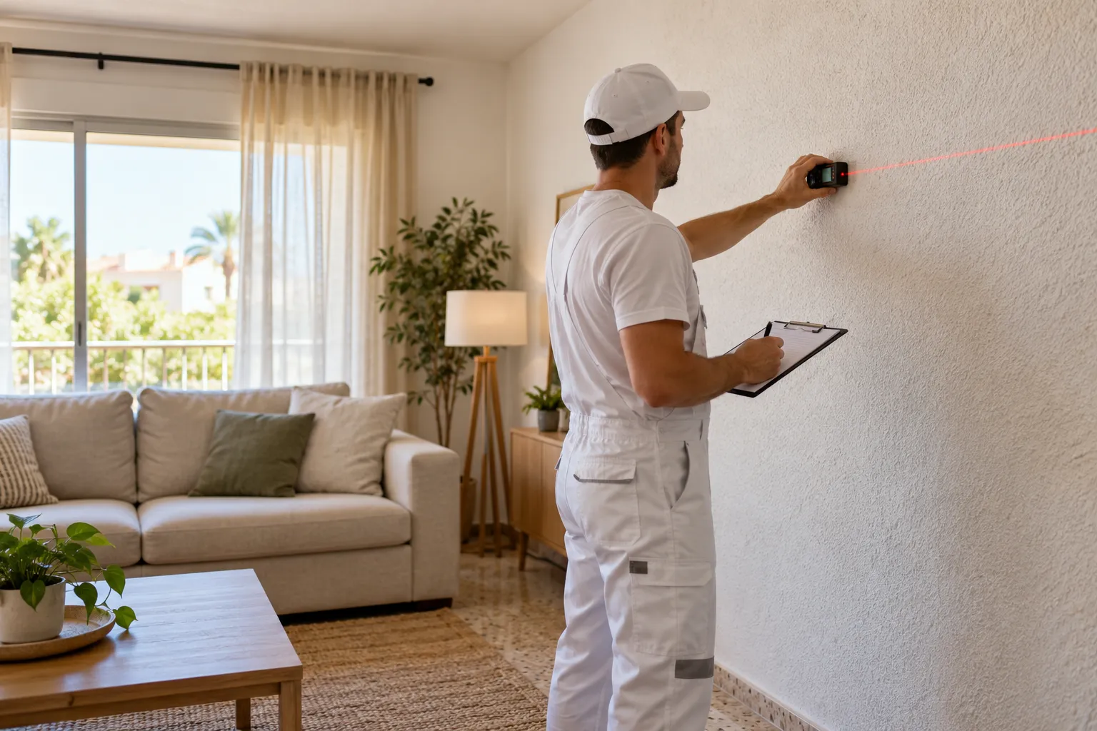 Precio de pintar un piso en Elche: un profesional midiendo una pared con medidor láser y anotando en un portapapeles