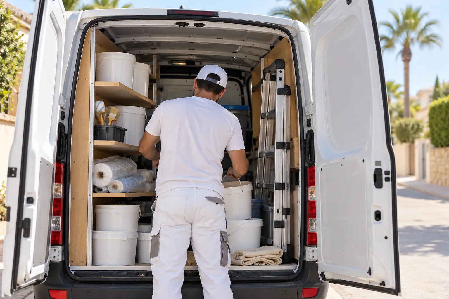 Líneas y Colores pintores en Elche: interior ordenado de una furgoneta con rodillos, brochas y cubos de pintura